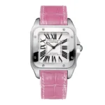 Cartier Santos 100 44.2*35.6mm Watch – Ref: W20126X8 – Silver Roman Dial, Pink Leather Strap